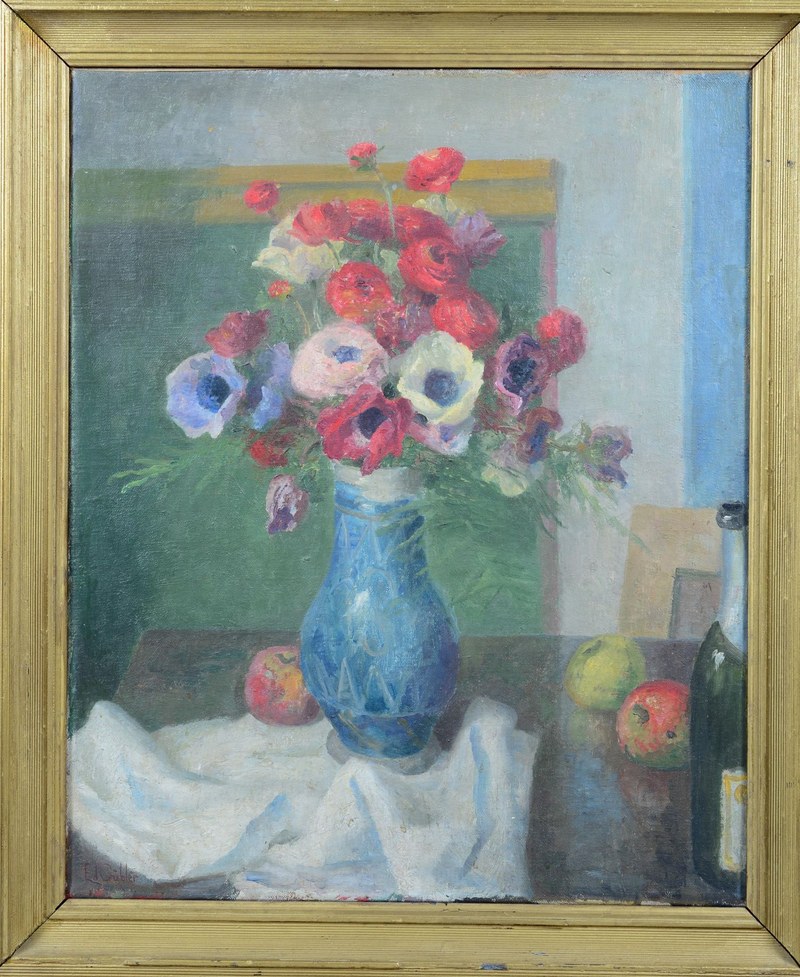 Anemonen in blauer Vase - mit Rahmung